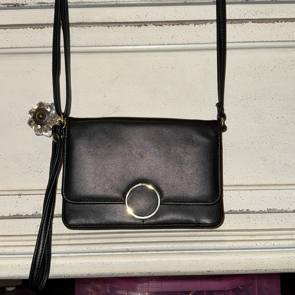 Black soft leather feel clutch gold metal adjustable strap cross body purse 7x5” - Picture 12 of 16